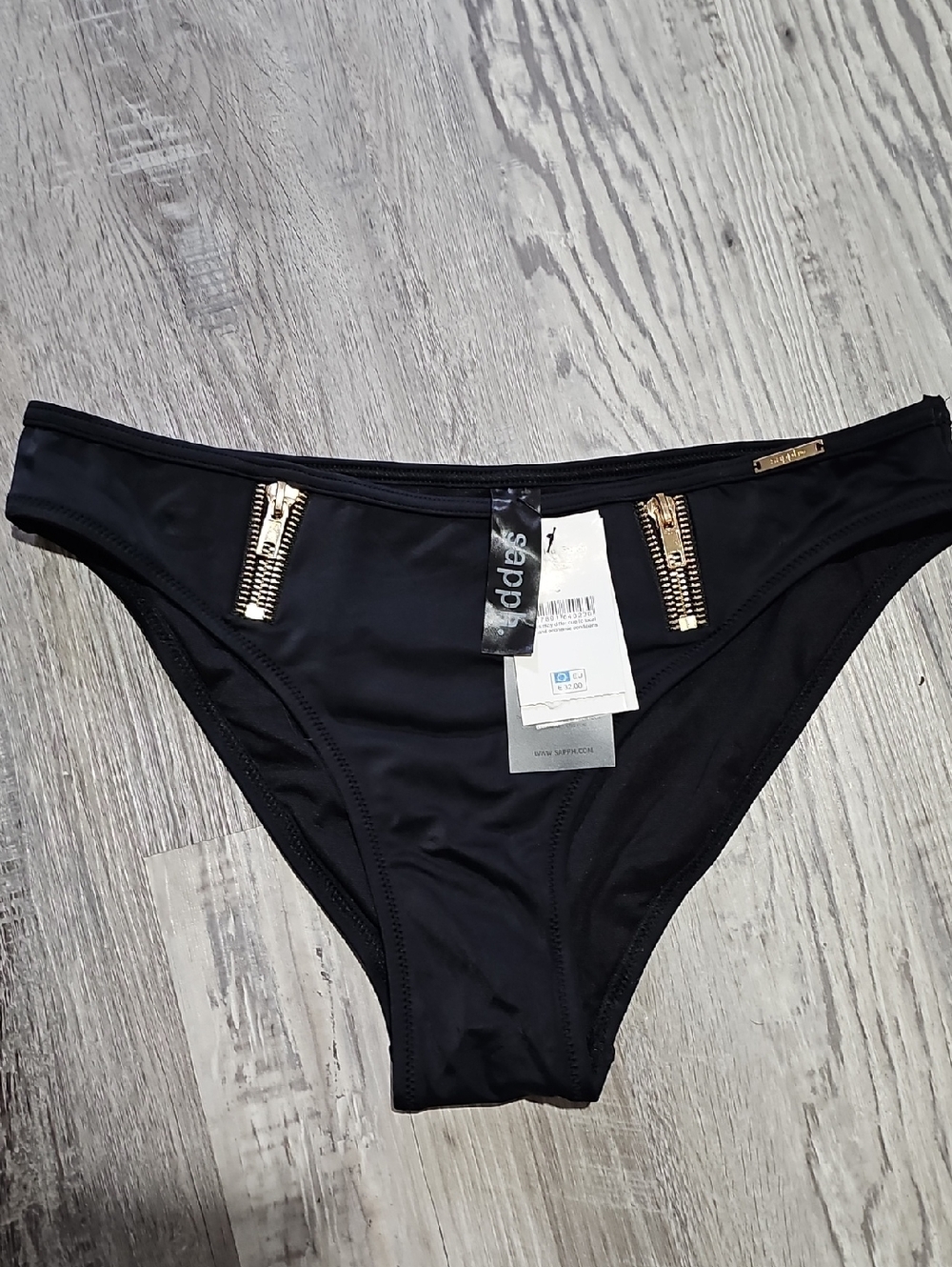 NWT Black Women's Bikini Bottom with Gold Zip Accent
